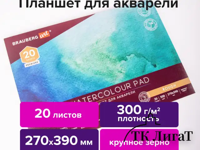 Папка для акварели/планшет, 300 г/м2, 270х390 мм, склейка, крупное зерно, 20 л., BRAUBERG ART PREMIERE, 113250