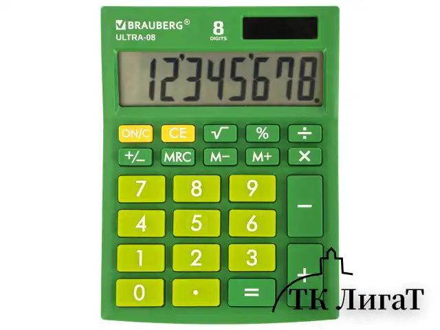 Калькулятор настольный BRAUBERG ULTRA-08-GN, КОМПАКТНЫЙ (154x115 мм), 8 разрядов, двойное питание, ЗЕЛЕНЫЙ, 250509