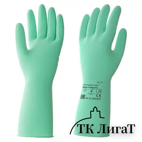 Перчатки латексные КЩС, прочные, хлопковое напыление, размер 7 S, малый, зеленые, HQ Profiline, 73580