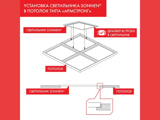 Светильник светодиодный с драйвером АРМСТРОНГ SONNEN ЭКО, 4000 K, нейтральный белый, 595х595х19 мм, 36 Вт, прозрачный, 237152