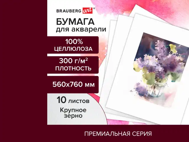 Бумага для акварели 300 г/м2 560x760 мм крупное зерно, 10 листов, BRAUBERG ART PREMIERE, 113239