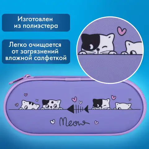 Пенал-футляр BRAUBERG, 1 отделение, органайзер, полиэстер, 22x9х5 см, Meow, 272312