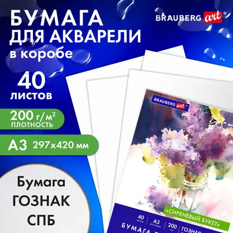 Бумага для акварели А3 40л, 200г/м2 ГОЗНАК СПб, в коробке, BRAUBERG ART CLASSIC, СИРЕНЕВЫЙ БУКЕТ, 116886