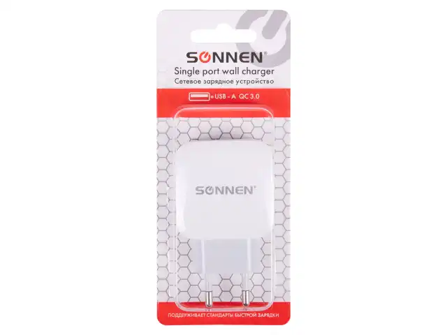 Быстрое зарядное устройство сетевое (220В) SONNEN, порт USB, QC 3.0, выходной ток 3А, белое, 455506