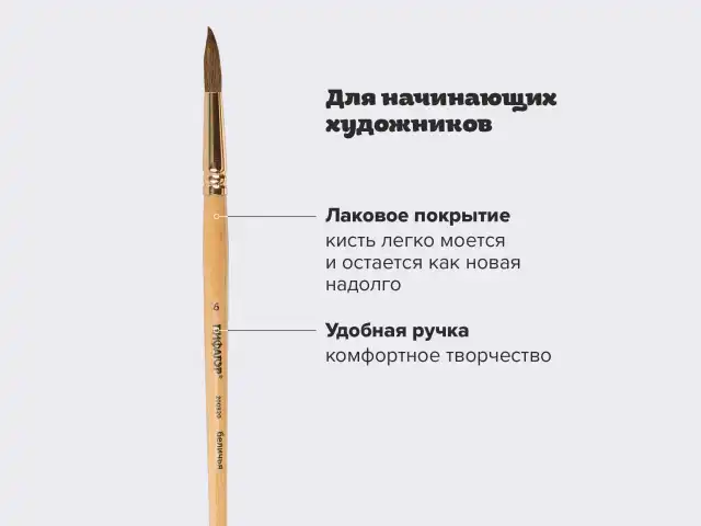 Кисть ПИФАГОР, БЕЛКА, круглая, № 6, деревянная лакированная ручка, с колпачком, пакет с подвесом, 200820