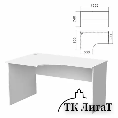 Стол письменный эргономичный "Бюджет" 1360х900х740 мм, левый, белый, 402662-290