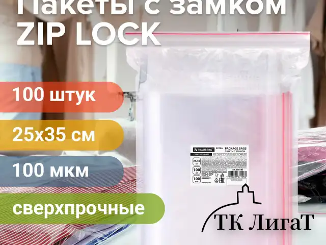 Пакеты ZIP LOCK "зиплок" СВЕРХПРОЧНЫЕ, комплект 100 шт., 25х35 см, ПВД, 100 мкм, BRAUBERG EXTRA, 608183