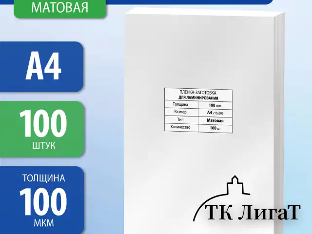 Пленки-заготовки для ламинирования А4, КОМПЛЕКТ 100 шт., 100 мкм, МАТОВАЯ, BRAUBERG, 531780