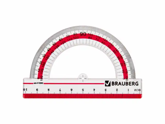 Транспортир 10 см, 180 градусов, пластиковый, BRAUBERG "Crystal", прозрачный, с выделенной шкалой, подвес, 210292