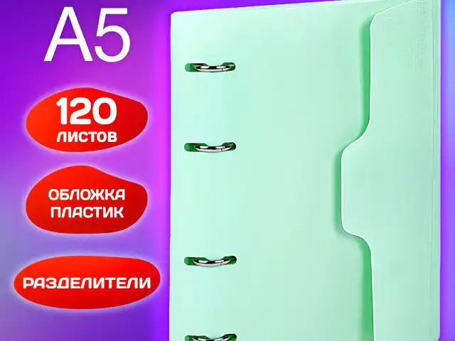 Тетрадь на кольцах А5 175х220 мм, 120 л., пластик, на липучке, с разделителями, BRAUBERG, Мятный, 404638