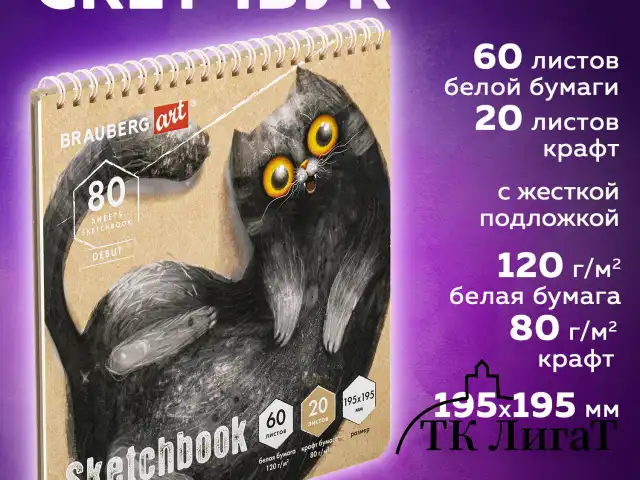 Скетчбук, белая бумага 120 г/м2 + крафт 80 г/м2 195х195 мм, 60 + 20 л., гребень, BRAUBERG ART DEBUT, 112983