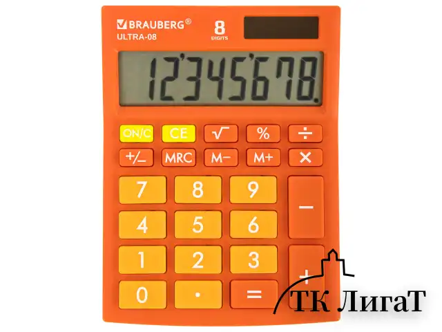 Калькулятор настольный BRAUBERG ULTRA-08-RG, КОМПАКТНЫЙ (154x115 мм), 8 разрядов, двойное питание, ОРАНЖЕВЫЙ, 250511