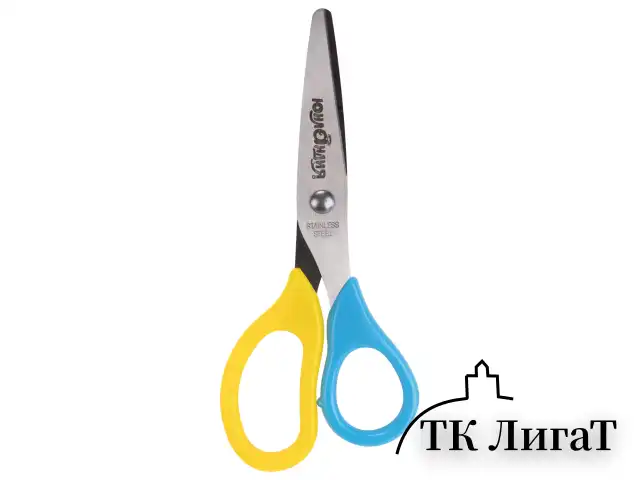 Ножницы ЮНЛАНДИЯ, 135 мм, с футляром для лезвий, желто-голубые, блистер, 237110