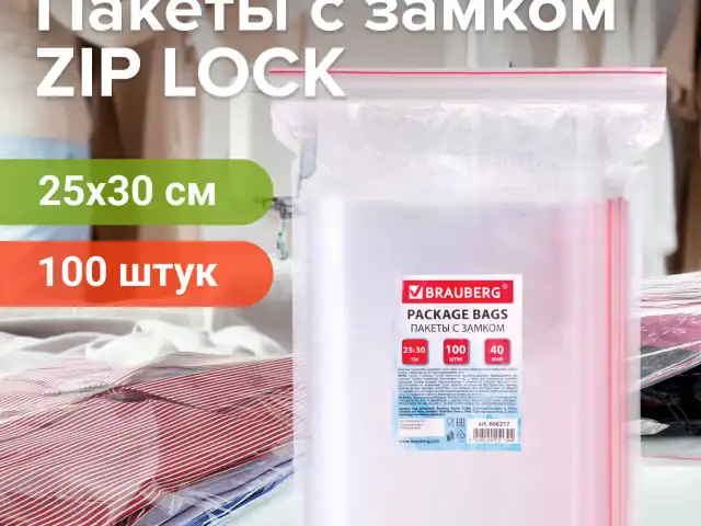 Пакеты с замком ZIP LOCK "зиплок", комплект 100 шт., 250х300 мм, ПВД, толщина 40 микрон, BRAUBERG, 606217