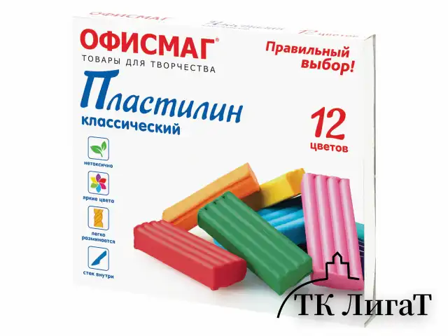 Пластилин классический ОФИСМАГ, 12 цветов, 240 г, СО СТЕКОМ, 106677