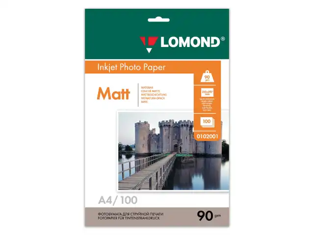 Фотобумага A4, 90 г/м2, 100 листов, односторонняя, матовая, LOMOND, 0102001