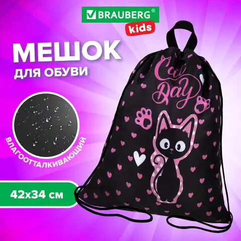 Мешок для обуви BRAUBERG KIDS, с петлей, 42х34 см, "Amazed cat", 271629