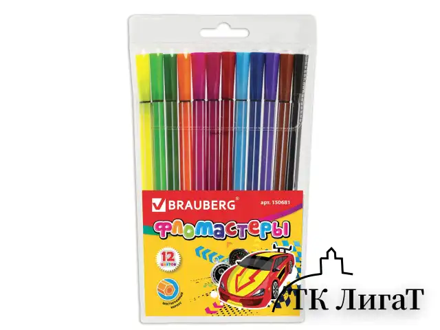 Фломастеры BRAUBERG, 12 цветов, шестигранные в полоску, вентилируемый колпачок, пластиковая упаковка, 150681