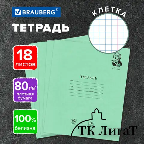 Тетрадь BRAUBERG ВЕЛИКИЕ ИМЕНА 18л. клетка, плотная бумага 80г/м2, обложка тонированный офсет, 106978