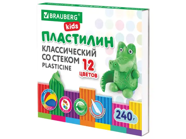 Пластилин классический BRAUBERG KIDS, 12 цветов, 240 г, стек, ВЫСШЕЕ КАЧЕСТВО, 106436