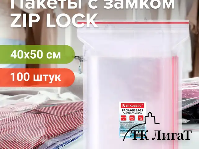 Пакеты с замком ZIP LOCK "зиплок", комплект 100 шт., 400х500 мм, ПВД, толщина 40 микрон, BRAUBERG, 606219