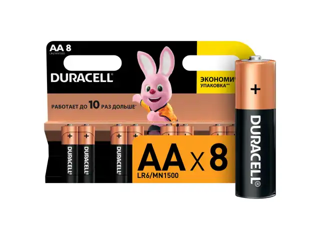 Батарейки КОМПЛЕКТ 8 шт., DURACELL Basic, AA (LR06, 15А), алкалиновые, пальчиковые, блистер