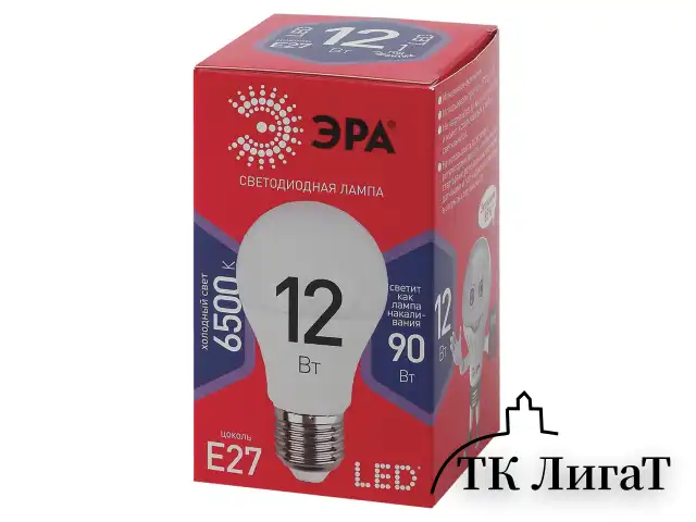 Лампа светодиодная ЭРА, 12(90)Вт, цоколь Е27, груша, холодный белый, 25000 ч, LED A60-12W-6500-E27, Б0045325