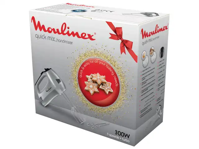 Миксер MOULINEX HM310E10, 300Вт, 5 скоростей, 2 венчика, 2 крюка для теста, серый, 8010001084