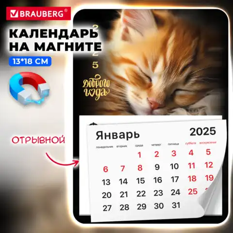 Календарь отрывной на магните 2025, BRAUBERG, 130Х180мм, склейка, Котик, 116281