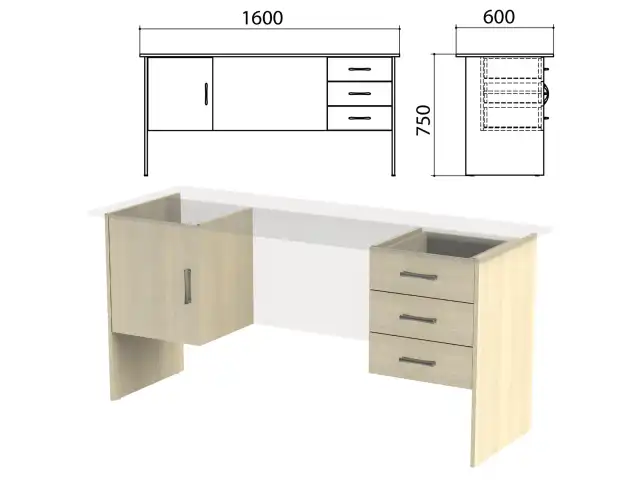 Каркас к столам письменным с 2 тумбами "Канц" (ш1600*г600*в750 мм), дуб молочный, СК29.15.2