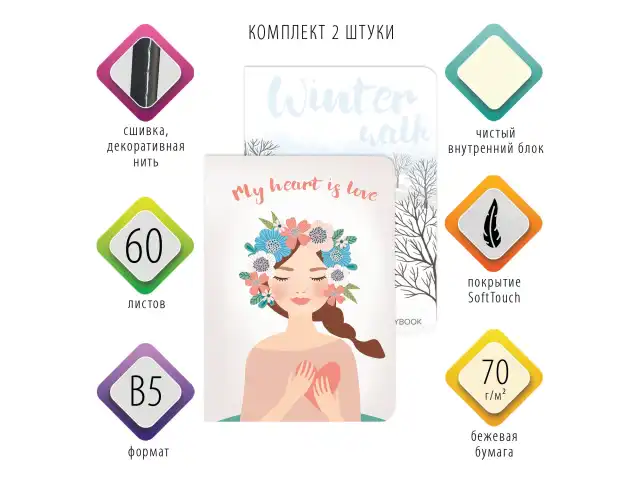 Тетради-скетчбуки 60 л. обложка SoftTouch, НАБОР 2 шт., бежевая бумага 70 г/м2, сшивка, B5 (179х250 мм), ROMANTIC, BRAUBERG, 403832