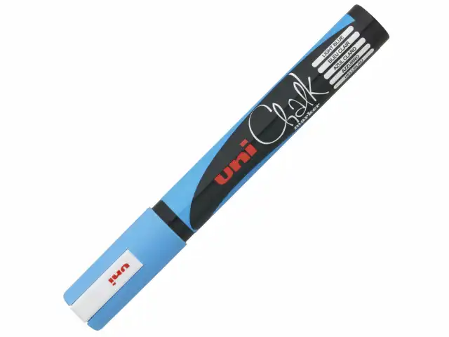 Маркер меловой UNI Chalk, 1,8-2,5 мм, ГОЛУБОЙ, влагостираемый, для гладких поверхностей, PWE-5M L.BLUE