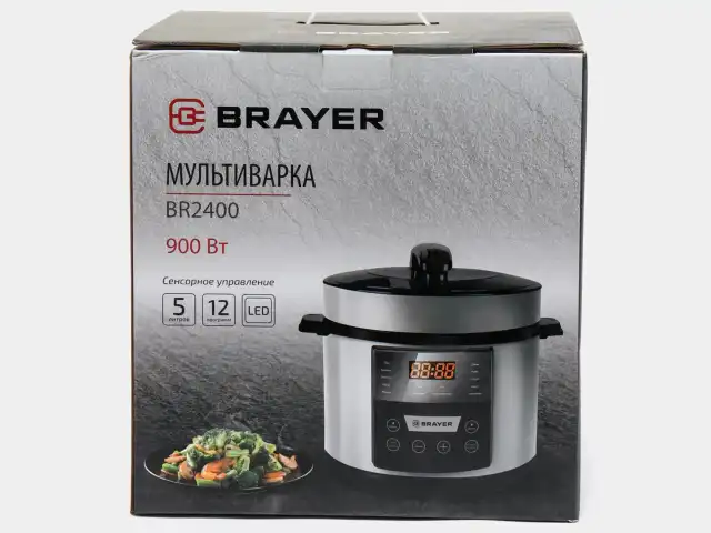 Мультиварка-скороварка BRAYER BR2400, 900 Вт, 5 л, 12 программ, серебро