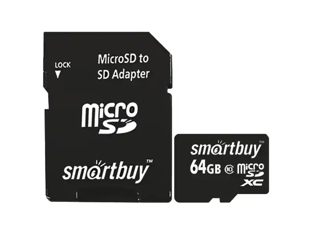 Карта памяти micro SDXC, 64 GB, SMARTBUY, 10 Мб/сек. (class 10), с адаптером, SB64GBSDCL10-01