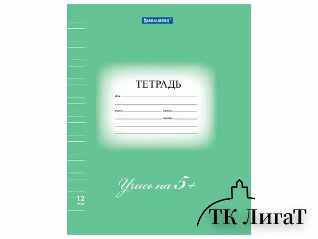 Тетрадь 12 л. BRAUBERG ЭКО "5-КА", узкая линия, обложка плотная мелованная бумага, ЗЕЛЕНАЯ, 104765