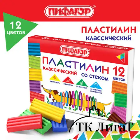 Пластилин классический ПИФАГОР "Веселая такса", 12 цветов, 180 г, СО СТЕКОМ, 106675