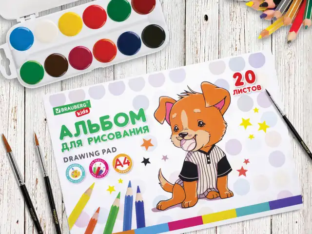 Альбом для рисования А4 20 л., скоба, обложка картон, BRAUBERG KIDS, 203х288 мм, 