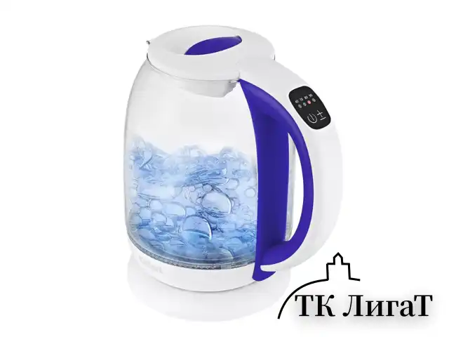 Чайник KITFORT КТ-6140-1, 1,7 л, 2200 Вт, закрытый нагревательный элемент, ТЕРМОРЕГУЛЯТОР, стекло, белый/фиолетовый