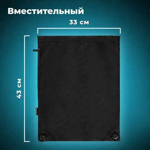 Мешок для обуви BRAUBERG плотный, карман на молнии, подкладка, 43х33 см, Total Black, 272427