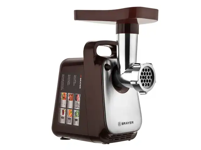 Мясорубка BRAYER BR1601, 1300 Вт, производительность 1,5 кг/мин, металлический шнек, реверс, пластик, коричневая/серебро
