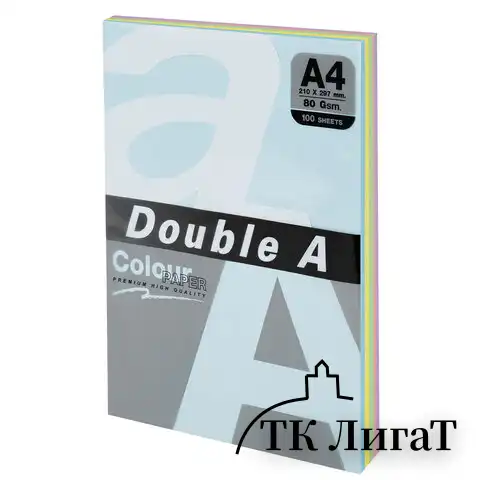 Бумага цветная DOUBLE A, А4, 80 г/м2, 100 л. (5 цветов x 20 листов), микс пастель