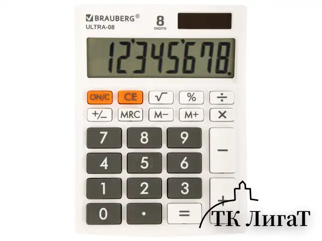 Калькулятор настольный BRAUBERG ULTRA-08-WT, КОМПАКТНЫЙ (154x115 мм), 8 разрядов, двойное питание, БЕЛЫЙ, 250512