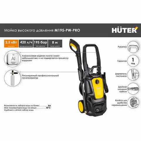 Минимойка HUTER M195-PW-PRO, мощность 2,5 кВт, давление 195 бар, шланг 8м, 70/8/17