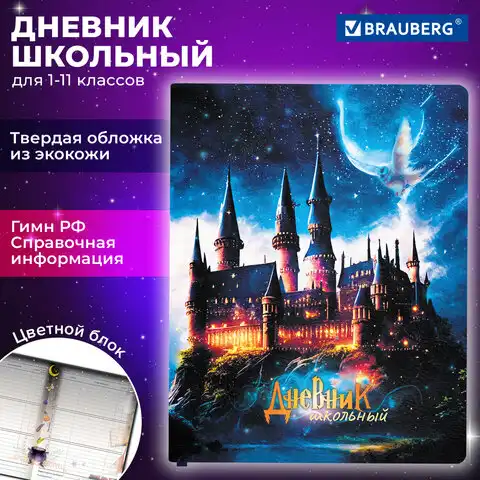 Дневник 1-11 класс 48л, кожзам (твердая), печать, цветной блок, BRAUBERG, Замок, 106953