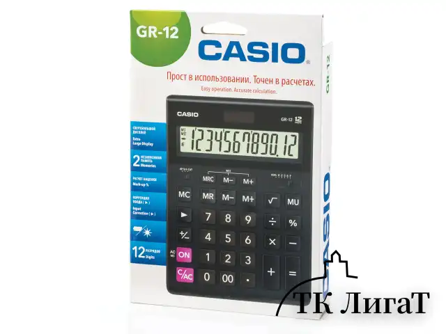 Калькулятор настольный CASIO GR-12-W (209х155 мм), 12 разрядов, двойное питание, черный, европодвес, GR-12-W-EP