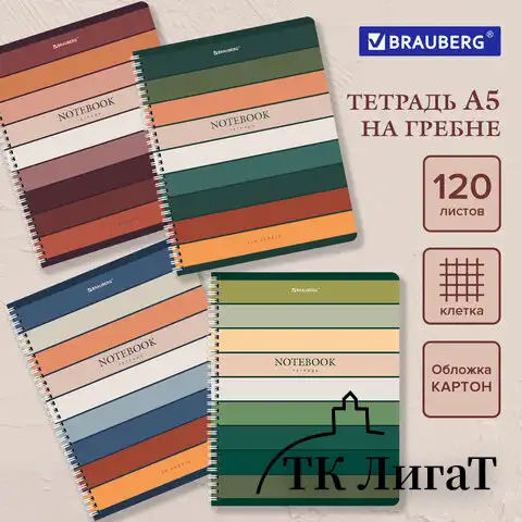 Тетрадь А5 120 л. BRAUBERG, гребень, клетка, обложка картон, 