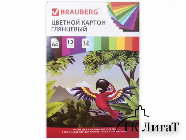 Картон цветной А4 МЕЛОВАННЫЙ (глянцевый), 12 листов 12 цветов, в папке, BRAUBERG, 200х290 мм, 