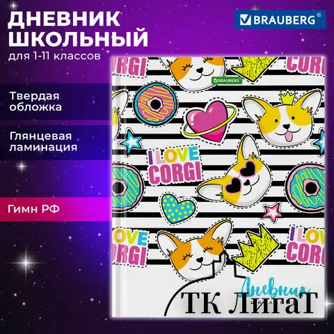 Дневник 1-11 класс 40 л., твердый, BRAUBERG, глянцевая ламинация, "Корги", 106854