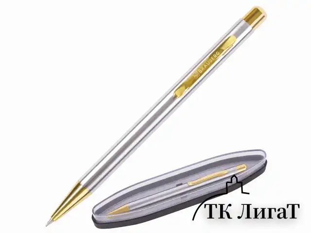 Ручка подарочная шариковая BRAUBERG Piano, СИНЯЯ, корпус серебристый с золотистым, линия письма 0,5 мм, 143472