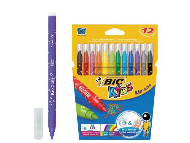 Фломастеры BIC "Kid Couleur", 12 цветов, суперсмываемые, вентилируемый колпачок, европодвес, 9202932